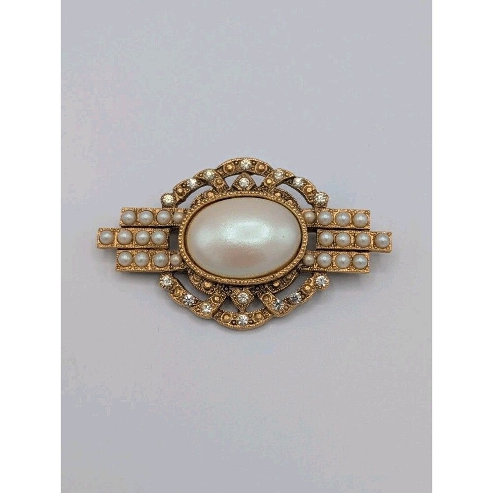 Vtg 1960s Signed Richelieu Faux Pearl Filigree Art Deco Crystal Brooch Gold Tone